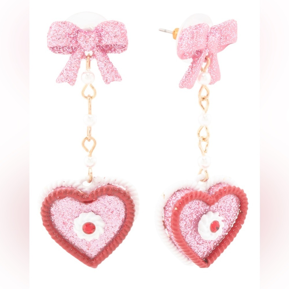 Betsey Johnson Pink valentine Heart Earrings with Glitter Bows